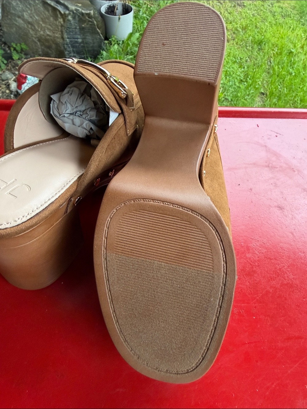 JustFab Brown Suede Platform Clog Mules with Gold Bit - Picture 4 of 11